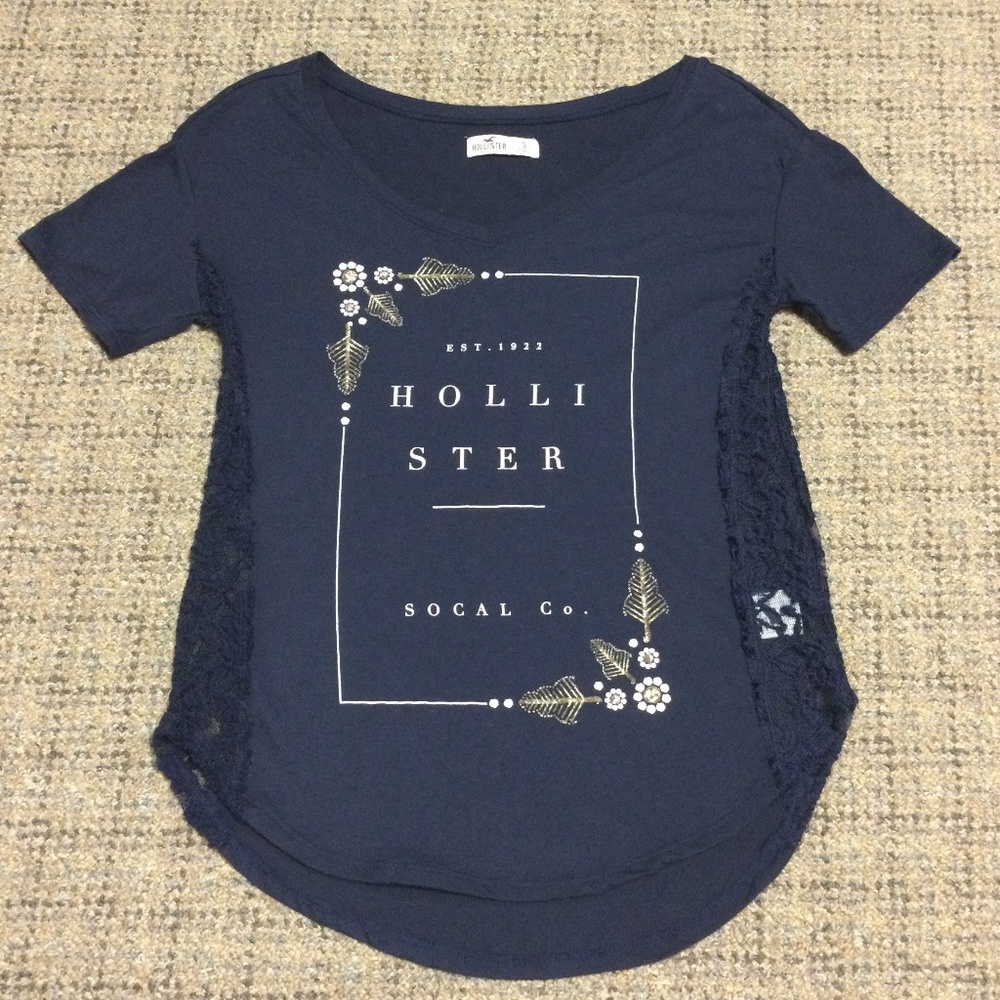 Hollister Navy Blue Floral Lace Side Panels Short Sleeve Tunic Tee Size Small